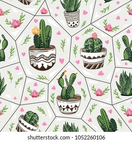 Vector seamless pattern with succulents and cactuses, Trendy tropical design for textile