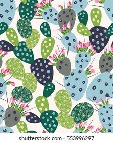 Vector seamless pattern with succulents and cactuses with inky texture. Trendy tropical design for textile
