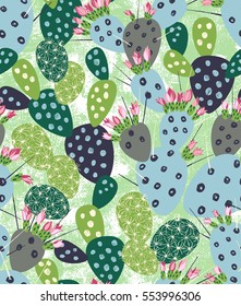 Vector seamless pattern with succulents and cactuses with inky texture. Trendy tropical design for textile
