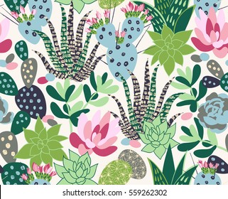 Vector seamless pattern with succulents and cactuses with inky texture. Trendy tropical design for textile
