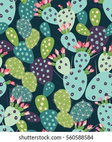 Vector seamless pattern with succulents and cactuses with inky texture. Trendy tropical design for textile
