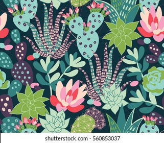 Vector seamless pattern with succulents and cactuses with inky texture. Trendy tropical design for textile

