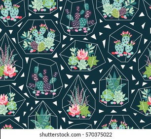 Vector seamless pattern with succulents and cactuses with inky texture in glass terrariums. Trendy tropical design for textile
