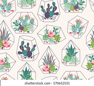 Vector seamless pattern with succulents and cactuses with inky texture in glass terrariums. Trendy tropical design for textile