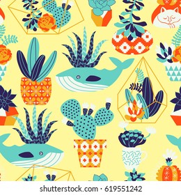 "Vector seamless pattern with succulents and cactuses in glass terrariums and funny flower pots with different ornaments. Floral design for textile in trendy scandinavian style"