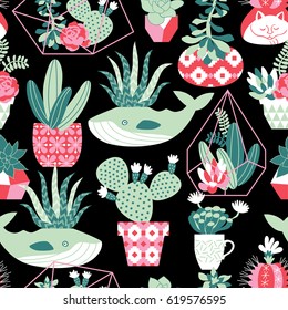 Vector seamless pattern with succulents and cactuses in glass terrariums and funny flower pots with different ornaments. Floral design for textile in trendy scandinavian style

