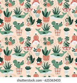 Vector seamless pattern with succulents and cactuses in glass terrariums and funny flower pots with different ornaments. Floral design for textile in trendy scandinavian style

