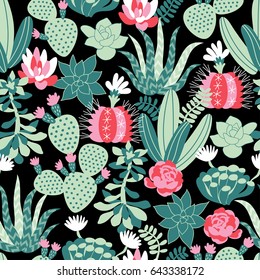 Vector seamless pattern with succulents and cactuses in Scandinavian style. Trendy tropical design for textile
