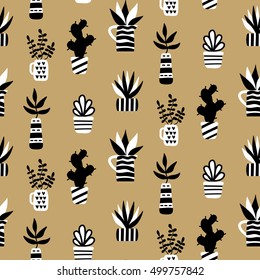 Vector seamless pattern with succulents and houseplants in vase on gold background. Modern Scandinavian style. Greeting card, invitation, textile, wallpaper, interior design. Trendy home decor