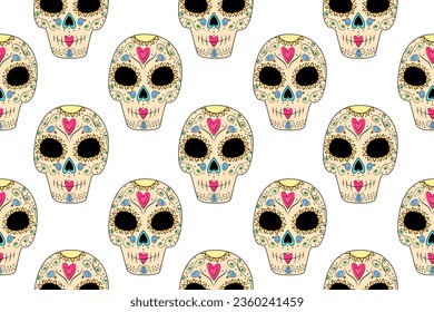 Vector Seamless pattern of Sugar Skull in trendy shades. Dia de los muertos. Happy Day of the Dead 