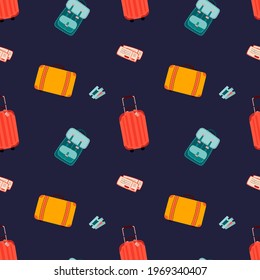 Vector seamless pattern with a suitcase on wheels, backpack and tickets, a pattern in a flat style on a colored background. Illustration for travel, packaging, clothing, postcards