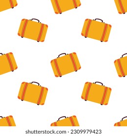 Vector seamless pattern with a suitcase on wheels, red suitcase, travel, flat style pattern on a white background. Illustrations for travel, packaging, clothing, postcards