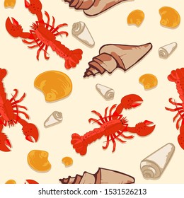 Vector. seamless pattern summer beach with sea shell and red lobster 