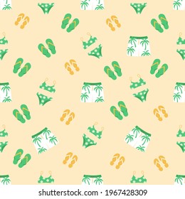 Vector seamless pattern with  summer beach accessories: swimsuits, shorts  and flip flops