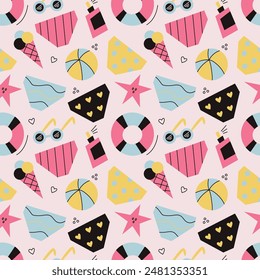Vector seamless pattern with summer beach items on pink background. Modern design for fabric and paper, surface textures. 