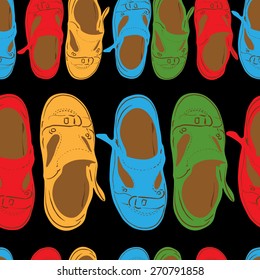 Vector seamless pattern. Summer children's sandals on a black background