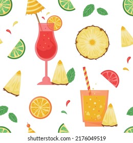 Vector seamless pattern with summer cocktails, juice and fruits. Summer holiday, vacation, travel. Background for summer concept, surface design, textile, print.