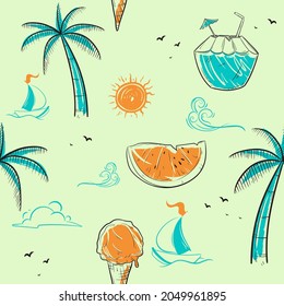 Vector Seamless Pattern with Summer concept. Hand drawn flat and doodle style for design. Best For Fabric Printing, wrapping, Apparel, Textiles, Wallpaper, Backgrounds.