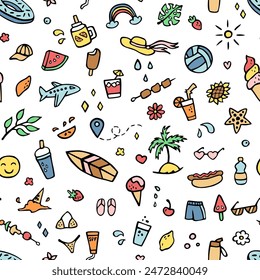 Vector seamless pattern with summer doodles. Hand drawn fun design for wallpaper, wrapping, stationery, textile.