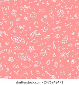 Vector seamless pattern with summer doodles. Hand drawn fun design for wallpaper, wrapping, stationery, textile.