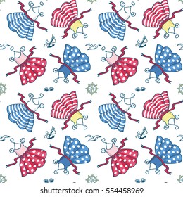 Vector seamless pattern with summer dresses with polka dot and stripes