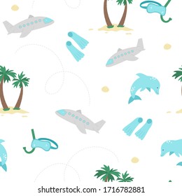 Vector seamless pattern with summer elements. Cute flat background for kids with palm tree, plane, pineapple, dolphin. Vacation beach texture. Flying to the island for diving concept