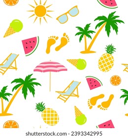 Vector seamless pattern with summer elements. Umbrella, pineapple, watermelon and sunglasses on white