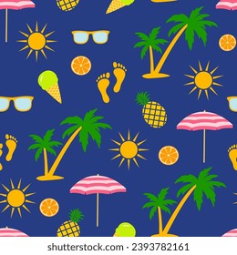 Vector seamless pattern with summer elements. Umbrella, pineapple, sun and sunglasses on dark blue background