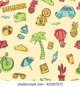 Vector seamless pattern of  summer elements, such as bicycle, car, glasses, camera, swimsuit, pineapple, luggage, cactus, hat, ball, etc. Repeat summer background. Hand drawn icons. Summer time theme