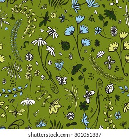 Vector seamless pattern with summer flowers and leaves