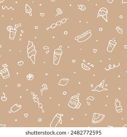 Vector seamless pattern with summer food doodles. Hand drawn design for wallpaper, wrapping, stationery, textile.