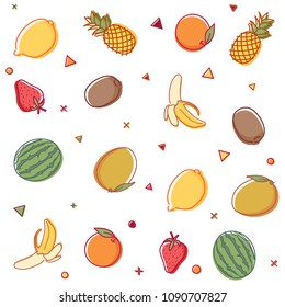 Vector seamless pattern with summer fruit outline doodles with watercolor effect. Lemons, pineapples, oranges, watermelons, kiwis, bananas, mangos and strawberries. 