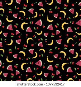 Vector seamless pattern with summer fruits on black background, banana, cherries, watermelon
