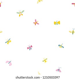 Vector seamless pattern with summer funny butterflies. Illustration in free hand-drawn style. For textiles, fabrics, children clothing, design, wrappers, wallpaper, scabbing, decoupage, etc