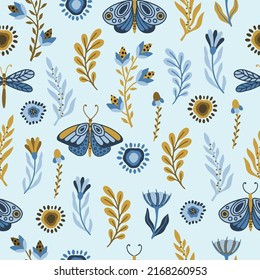 Vector seamless pattern with summer herbs and butterflies