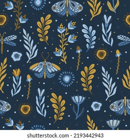 Vector seamless pattern with summer herbs and butterflies