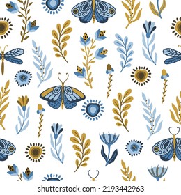 Vector seamless pattern with summer herbs and butterflies