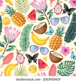 Vector seamless pattern with summer high detailed designs on white background

