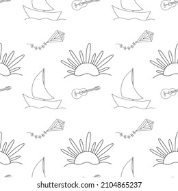 Vector seamless pattern with summer illustration: sun, boat, guitar, kite. Nice illustration for wallpaper, fabric, background.