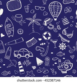 Vector seamless pattern. Summer, marine and vacation background.Hand drawn cartoon elements. Perfect for printing on fabric or wallpaper