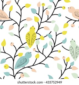 Vector seamless pattern. Summer mood. Plants and Birds. Cute colors