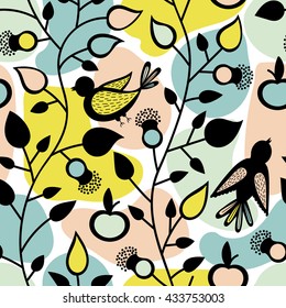 Vector seamless pattern. Summer mood. Plants and Birds. Cute colors