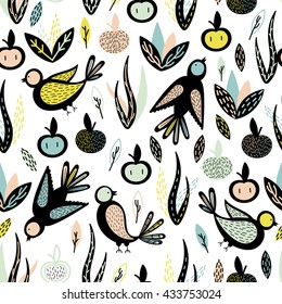 Vector seamless pattern. Summer mood. Plants, Fruits and Birds. Cute Colors
