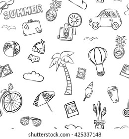 Vector seamless pattern of summer objects, such as bike, car, air balloon, glasses, camera, bikini, palm, ananas, luggage, cactus, hat, and more. Repeating summer background. Set of hand drawn icons