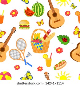 Vector seamless pattern with summer picnic set with food and outdoor entertainment on white background