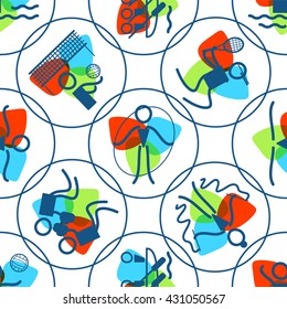 Vector seamless pattern. Summer sports icon, simple line. Canoeing, Volleyball, Rhythmic and artistic Gymnastics, Tennis, Water polo and Boxing theme. Trendy colors