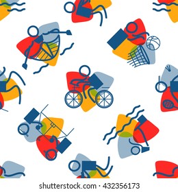 Vector seamless pattern. Summer sports icons, simple line. Swimming, Wrestling, Sailing, Diving, Badminton, Rowing, Cycling, Basketball, Table tennis theme Trendy colors