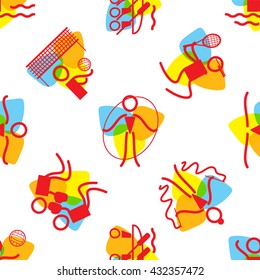 Vector seamless pattern. Summer sports icons, simple line. Canoeing, Volleyball, Rhythmic and artistic Gymnastics, Tennis, Water polo and Boxing theme. Trendy colors 