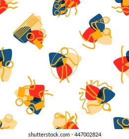 Vector seamless pattern. Summer sports icons, simple line. Canoeing, Volleyball, Rhythmic and artistic Gymnastics, Tennis, Water polo and Boxing theme. Trendy colors 