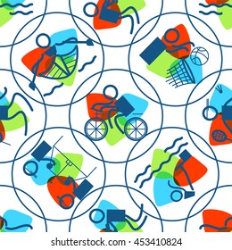 Vector seamless pattern. Summer sports icons, simple line. Swimming, Wrestling, Sailing, Diving, Badminton, Rowing, Cycling, Basketball, Table tennis theme Trendy colors